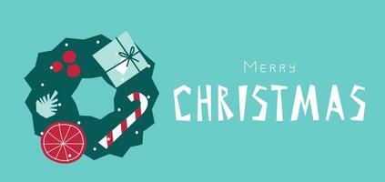 Vector flat illustration. Horizontal banner with Christmas wreath decorated by candy cane, gift box, orange, cone. Simplified minimalistic shape, Scandinavian style. Hand drawn text - Merry Christmas