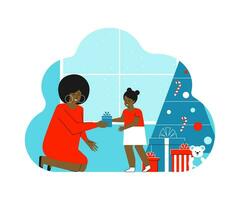 Vector isolated flat concept about winter holidays. Happy african american woman gives gift to cute little girl. Mother sits near daughter. Home is decorated with present boxes and Christmas Tree