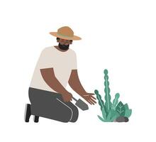 vector aislado concepto. africano americano hombre plantas flores por espátula. sonriente granjero cuidado para verde orgánico vegetales en jardín. contento cultivador amor a gastar día en naturaleza. estilo de vida de ecologista