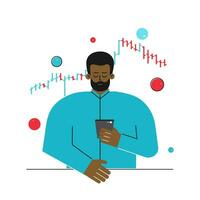 Vector flat concept. African american man is trader working online on stocks exchange. Investor analyzes data on bar chart, decides to buy shares. Mobile app on phone for work on financial markets