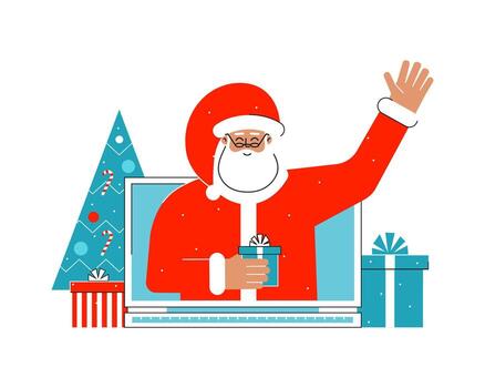 Vector concept with gift boxes, christmas tree. Cartoon character of happy Santa Claus. He talks with people using online streaming servises on his computer. Remote congratulation at winter holidays