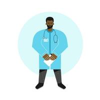 Vector isolated flat concept. African american doctor standing tall and holding documents. Friendly medic man is dressed in blue robe and has stethoscope. Professional highly qualified medical care