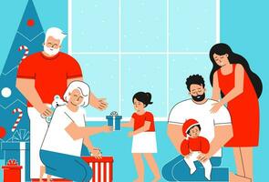 Vector flat concept with copy space. Winter holidays of multi generation caucasian family at home. Happy grandparent give gifts to kids in Christmas morning. Father sits with toddler in Santa hat