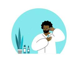 Vector flat isolated concept. Smiling African American man in bathroom, he is wearing in white bathrobe. Daily skin care routine. Guy cleans his face, uses cosmetic products cream, serum. Copy space