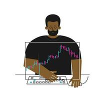 Vector concept with flat character of trader. African american man is investor working online on stocks exchange. He uses computer, analyzes data on bar chart, decides to buy shares. Financial market