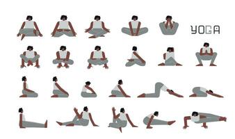 Vector flat isolated illustration collection with female character doing yoga. African American woman learns relaxing sitting postures for meditation. Set of basic sports exercise for beginners