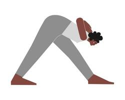 Vector isolated illustration with flat female african american character. Sportive and body positive woman learns posture Parsvottanasana at yoga class. Fitness exercise - Pyramid Pose