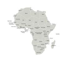 Vector isolated illustration with African continent with borders and names of all states. Political map. White background and outline, grey shapes.