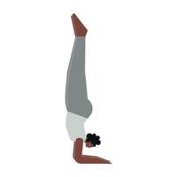 Vector isolated illustration with flat female character. Sportive african american woman learns posture at yoga class. Fitness exercise Forearm Stand