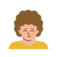 Vector flat isolated concept with portrait of cartoon character. Face of child. Avatar of preschool boy with frizzy curly brown hair, bright skin. Cute little man smiles. White background