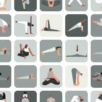 Vector seamless pattern yoga poses in grey colors. Flat monochrome illustrated collection on square shape with hispanic, african and caucasian women making sport exercises like asanas, stretchening