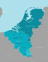 Vector modern illustration. Simplified political map of states of Benelux Union and neighboring areas. Blue background of North Sea. Names of largest cities of Belgium, Netherlands, Luxembourg