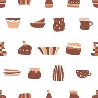 Vector seamless pattern with objects of handmade ceramic tableware. Hand drawn craft earthenware in natural colors of clay. Vases, cup for tea, plates, jar, pot are made in pottery wheel