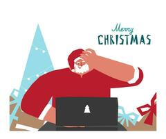 Vector concept with flat character of happy Santa Claus near gift boxes, christmas tree. He talks with kids using online streaming servises on his computer. Remote congratulation at winter holidays
