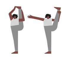 Vector isolated concept with flat body positive characters. African american adult woman learns posture and does vertical standing split at yoga class. Athletic person does stretching exercise