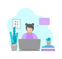 Vector isolated illustration in flat style. Sitting little girl with laptop. Online distant education with class in quarantine time, making homework. Home schooling. Plants, books are on desk