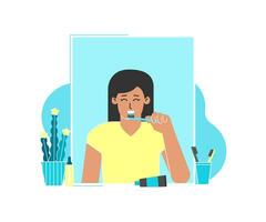 Vector flat isolated illustration. Dental daily routine concept. Happy brunette woman is cleaning teeth by toothbrushes, black paste in front of mirror. Health care and oral hygiene to prevent caries