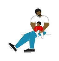 Vector isolated flat concept. Happy african american father sits and holds on hands little babby. Daddy smiles with his cheerful child. Young parent love play, spend time with infant. White background