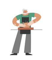 Vector isolated flat illustration with senior Caucasian man working at pottery wheel. Old student learns to make ceramic pot. Hands and apron of craftsman are stained with clay. Hobby of older master