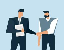 Vector business llustration with flat characters. Concept about communication of lawyer and client who hire expert to help him with bisiness plan and organization of working process. Handshake of men