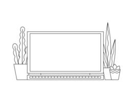 Vector flat isolated illustration with Laptop Template with blank display, copy space for text or digital objects. Plants are back. Notebook is as symbol to online shopping, network. Black line art