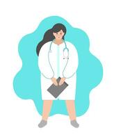 Vector isolated flat illustration. Cartoon woman is doctor and stays in white medical gown and stethoscope.  Friendly professional physician holds board folder for notes and diagnostics of patients