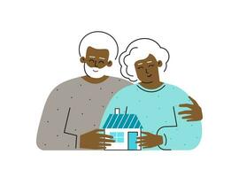 Vector flat isolated concept. Cartoon characters of elderly mortgagor. Senior african american owners hold little home. Old man hugs his wife. Pensioners smiles after bank approved loan to buy home