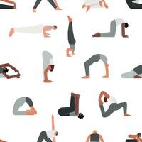 Vector seamless pattern with fitness poses. Flat monochrome isolated collection with hiispanic, african american and european women making yoga exercises like asanas, stretchening training