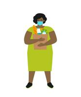 Vector flat illustration with body positive woman. She stands with paper bag for food. Chubby African American lady bought healthy fresh organic products. Fight with eating disorders without diets