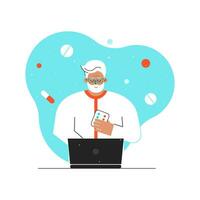 Vector flat concept. Online medical consultation and diagnostic by old doctor using video call on computer. Senior Caucasian man works at home, physician helps choose of medications for patient