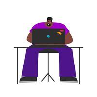 Vector flat isolated illustration. African American man sits at desktop and works on laptop on internet. Lifestyle of freelancer. Guy is hard worker, he is professional game designer and developer