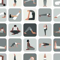 Vector seamless pattern yoga poses. Flat monochrome illustrated collection on square shape with hispanic, african american, caucasian women making sport trainings asanas, stretchening and meditation