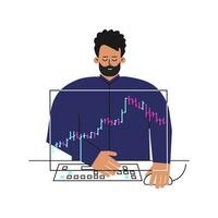 Vector concept about financial markets. Caucasian man is trader working online on stocks exchange. Flat character of investor is analyzing data on bar chart, deciding to buy shares using computer