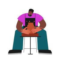 Vector isolated flat illustration with adult African American man working at pottery wheel. Student learns to make ceramic pot. Hands and apron of happy guy are stained with clay. Creative hobby