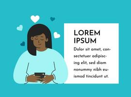 Vector concept. Banner with copy space for text. Cartoon flat african american woman writes message to boyfriend on phone. She is using mobile app for online dating. Beginning of romantic relationship