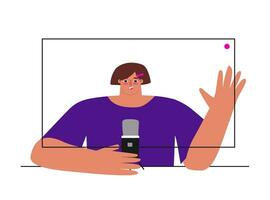 Vector flat isolated illustration with screen of computer and young Caucasian woman recording video on webcam. Distant work by bloggers, podcast hosts, teachers using online stream services