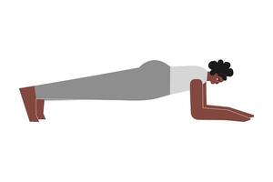 Vector concept with flat female african american character. Body positive woman learns strengthening posture and does Dolphin Plank Pose at yoga class. Core exercise for beginners - Forearm Plank