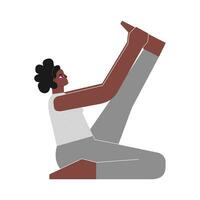 Vector isolated concept with flat female african american character. Strong woman learns Seated posture Krounchasana at yoga class. Fitness exercise - Heron Pose