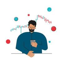 Vector flat concept about financial markets. Caucasian man is trader working online on stocks exchange. Investor is analyzing data on bar chart, deciding to buy shares using mobile app on phone