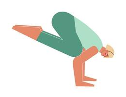 Vector isolated illustration with flat female character. Sportive woman learns posture Bakasana at yoga class. Fitness exercise - Crane Pose