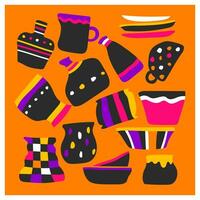 Vector colorful concept with cute handmade ceramic tableware on orange background. Collection of hand drawn earthenware has bowl, vases, cup, plates, jar, jug, pitcher. Square design with dishes