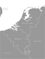 Vector modern illustration. Simplified grey political map of states of Benelux Union and neighboring areas. White background of North Sea.