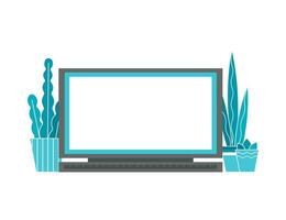 Vector flat isolated illustration. Grey laptop is ready to work. Template with white display, copy space for text or digital objects. Plants are back. Notebook is as symbol to online shopping, network