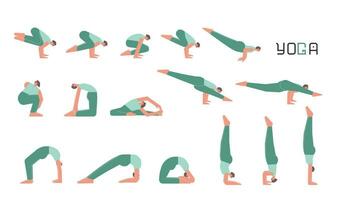 Vector flat isolated illustration collection with female character doing yoga. European woman learns relaxing stretching postures. Set of basic sports balance exercise for beginners
