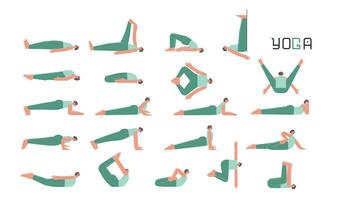 Vector flat isolated illustration collection with female character doing yoga. Caucasian woman learns lying on back and plank postures. Set of basic sports exercise for beginners