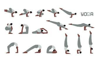 Vector flat isolated illustration collection with female character doing yoga. African American woman learns handstand and back bend postures. Set of basic sports balance exercise for beginners