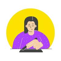 Vector isolated flat concept. Cartoon designer girl draws illustration using graphics tablet and stylus sitting at table. Learning new skills and improving professionalism with modern equipment