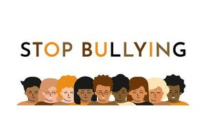 Vector isolated flat illustration. Multiethnic group of children is smiling. They show tolerance and not aggressive behavior. Banner about prevention and control social problem of school bullying