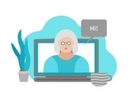 Vector isolated illustration with display of laptop and elderly woman on screen. Online chat with family and friends, or find love on dating sites and apps. Flat style. Technologies for senior persons