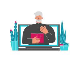 Vector illustration. Christian pastor helps people who stayng home. Priest holds Bible, preaches sermon by web stream from laptop. Online conference as part of Church Life. Cartoon flat character